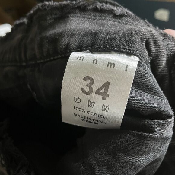 MNML Black Distressed Jeans Rope Drawstring Patches Size 34x32 Cotton Button Fly - Picture 6 of 7